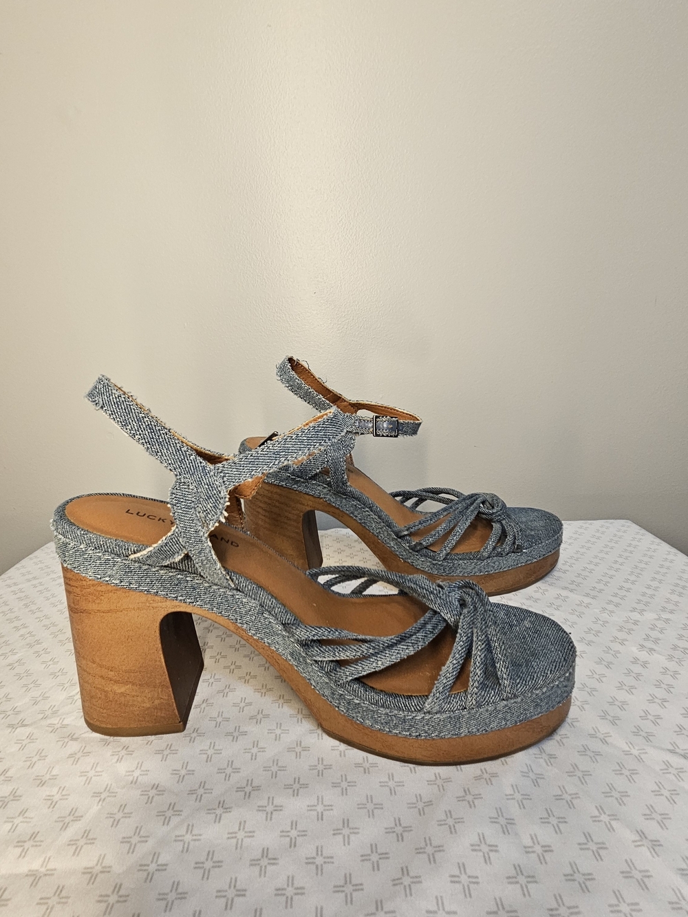 Lucky Brand Y2K Denim Platform Heeled Sandals with Ankle Strap - Picture 4 of 12